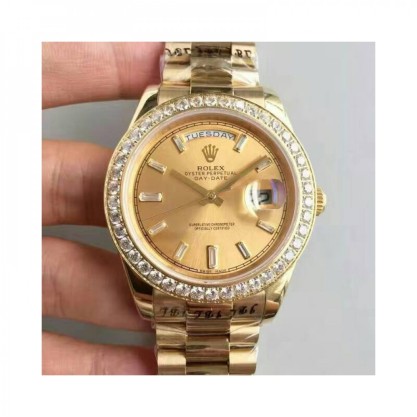 Replica Rolex Day-Date 40 228348RBR 40MM Watches KW Yellow Gold & Diamonds Champagne Dial Swiss 3255