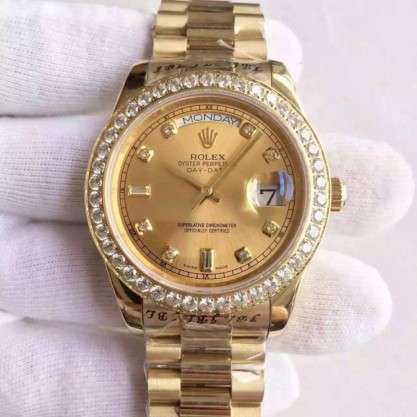 Replica Rolex Day-Date II 218348 41MM Watches KW Yellow Gold & Diamonds Champagne Dial Swiss 3255
