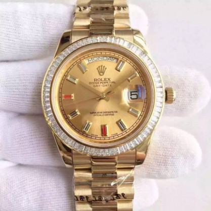 Replica Rolex Day-Date II 218238 41MM Watches KW Yellow Gold & Diamonds Champagne Dial Swiss 3255