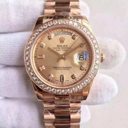 Replica Rolex Day-Date II 218235 41MM Watches KW Rose Gold & Diamonds Gold Dial Swiss 3255