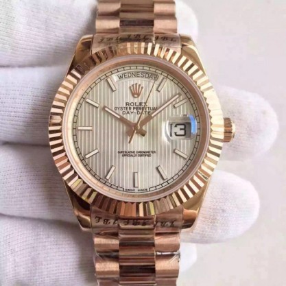Replica Rolex Day-Date 40 228235 40MM Watches KW Rose Gold Silver Stripe Dial Swiss 3255