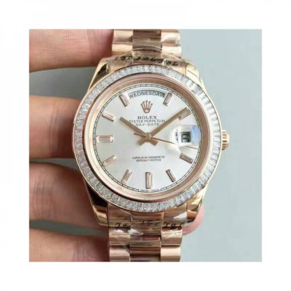 Replica Rolex Day-Date 40 228235 40MM Watches KW Rose Gold & Diamonds Sundust Dial Swiss 3255