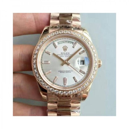 Replica Rolex Day-Date 40 228235 40MM Watches KW Rose Gold & Diamonds Sundust Dial Swiss 3255