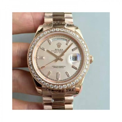 Replica Rolex Day-Date 40 228235 40MM Watches KW Rose Gold & Diamonds Cream Dial Swiss 3255