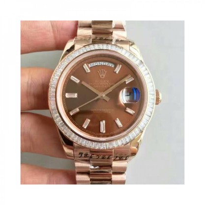 Replica Rolex Day-Date 40 228235 40MM Watches KW Rose Gold & Diamonds Chocolate Dial Swiss 3255