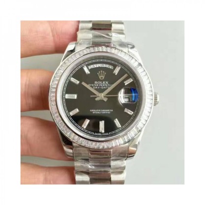 Replica Rolex Day-Date 40 228396TBR 40MM Watches KW Stainless Steel & Diamonds Black Dial Swiss 3255