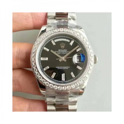 Replica Rolex Day-Date 40 228349RBR 40MM Watches KW Stainless Steel & Diamonds Black Dial Swiss 3255