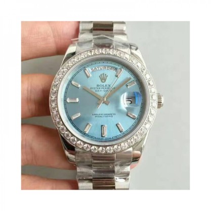 Replica Rolex Day-Date 40 228396TBR 40MM Watches KW Stainless Steel & Diamonds Blue Dial Swiss 3255