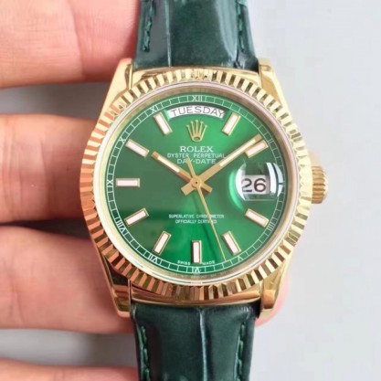 Replica Rolex Day-Date 118138 36MM Watches V5 Yellow Gold Green Dial Swiss 2836-2