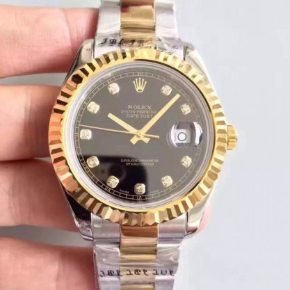 Replica Rolex Datejust 41 126333 41MM Watches NF Stainless Steel & Yellow Gold Black & Diamonds Dial Swiss 2836-2