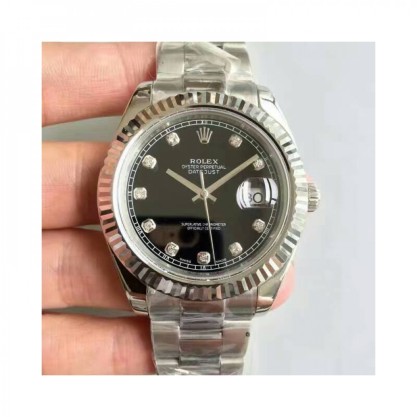Replica Rolex Datejust II 116334 41MM Watches NF Stainless Steel Black & Diamonds Dial Swiss 2836-2