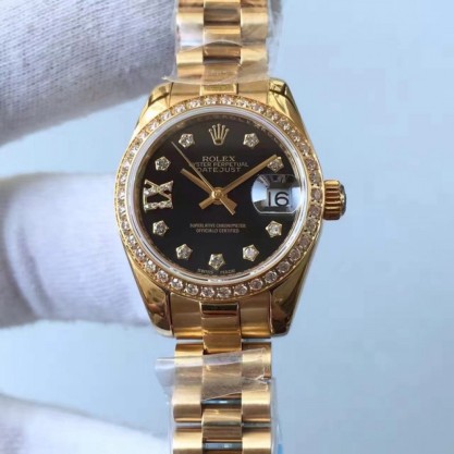 Replica Rolex Lady Datejust 28 279138RBR 28MM Watches Yellow Gold & Diamonds Black Dial Swiss 2671