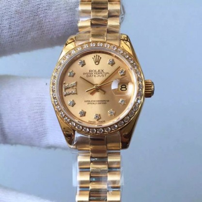 Replica Rolex Lady Datejust 28 279138RBR 28MM Watches Yellow Gold & Diamonds Champagne Dial Swiss 2671